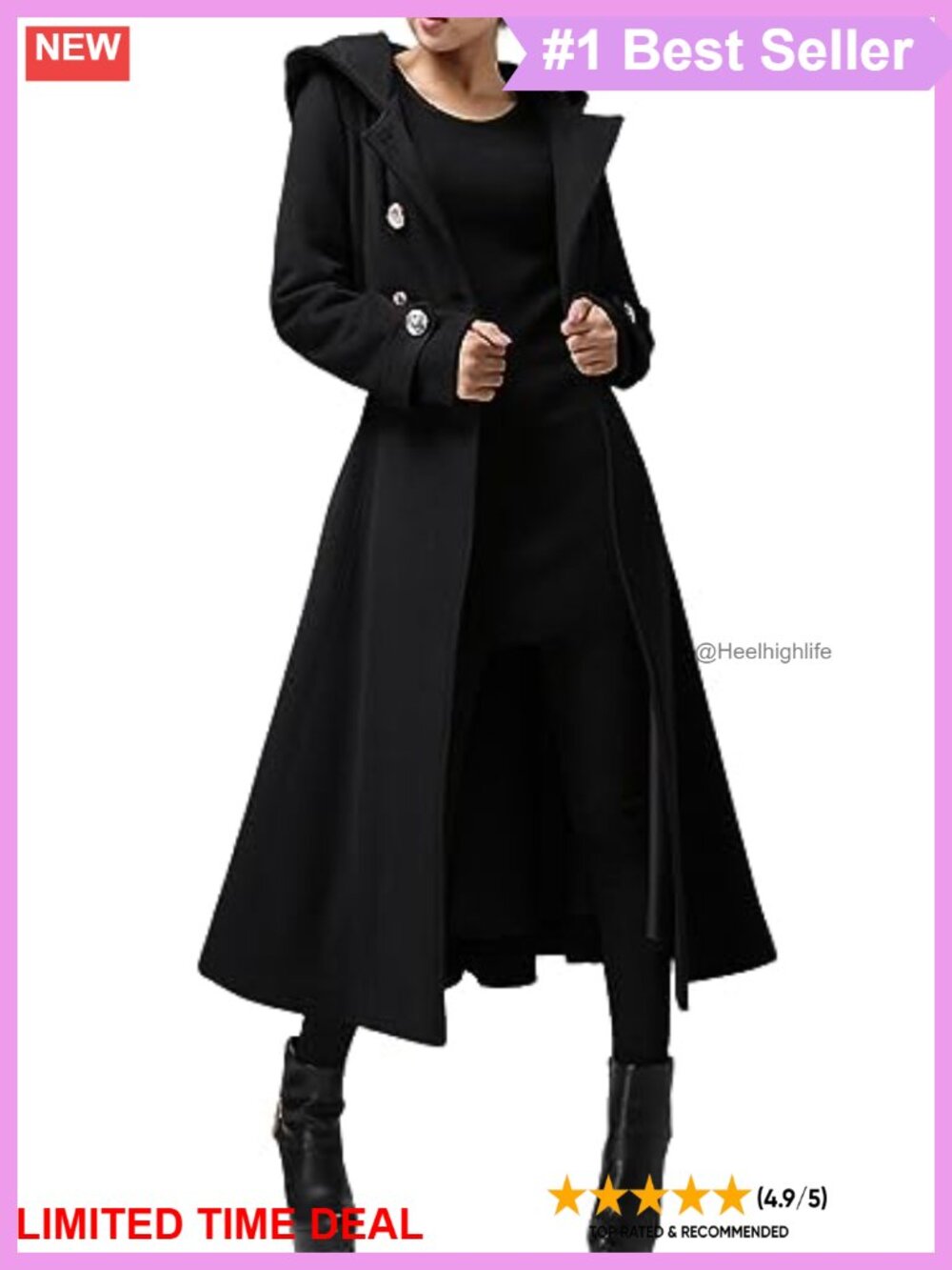 Long Hooded Double-Breasted Wool Blend Trench Coat